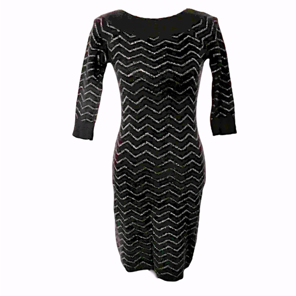 WHBM Black Dress with Zig Zag Pattern, 3/4 Sleeve, size XS